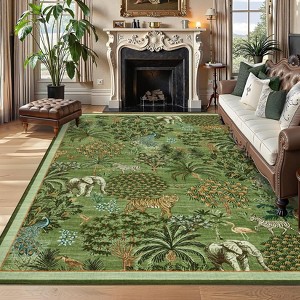 9'x12' Washable Rug Area Rugs Indoor, Animal Print Rug Non Slip Low Pile Forest Stain Resistance Carpet light green - 1 of 4