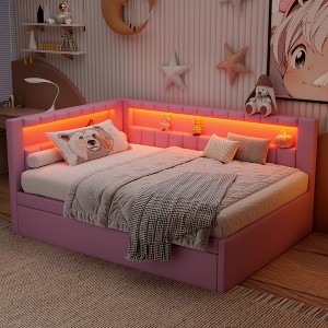 Full Size Upholstered Platform Bed with Trundle, USB Ports, and LED Belt for Bedroom or Apartment - 1 of 4