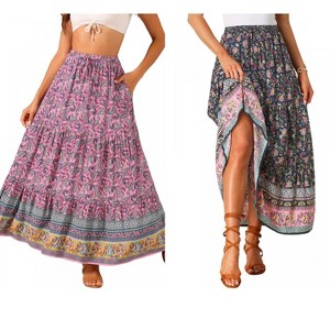 INSPIRE CHIC Women's Boho Casual Floral Printed Elastic Waist Maxi Skirts 2 Packs - 1 of 4