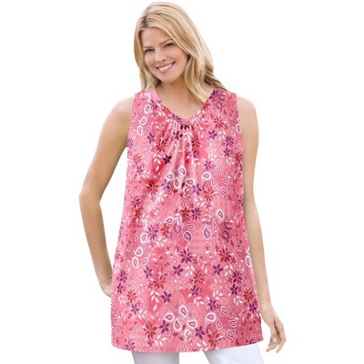 Woman Within Plus Size Perfect Printed Sleeveless Shirred V-Neck Tunic