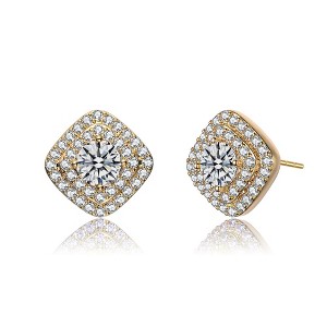 Elegant Gold Plated Square Shape Stud Earrings with Cubic Zirconia Pave Detailing for a Touch of Sparkling Sophistication - 1 of 4