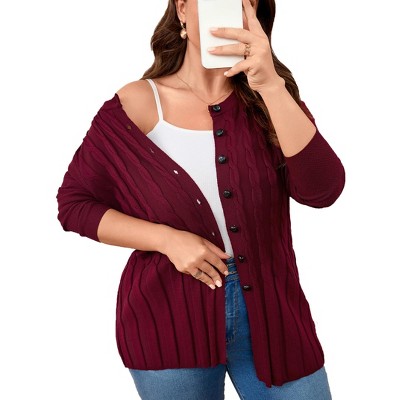 Plus Size Women's Open Knit Sweater Cardigan Round Neck Button Down Soft Casual Formal Outfits