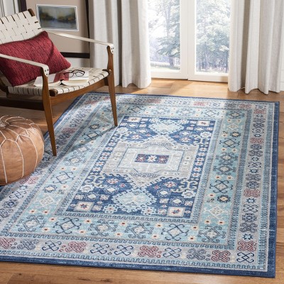 Hand-Knotted Blue and Creme Synthetic Rectangular Rug