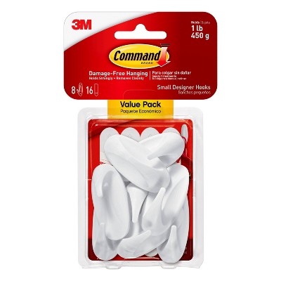 Command Strips Small Sized Designer Hooks White: Adhesive Wall Hooks, Plastic, 1 lb Capacity, 8 Pack