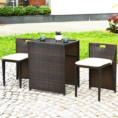Compact Brown Wicker Outdoor Patio Set with Cushions and Glass Table