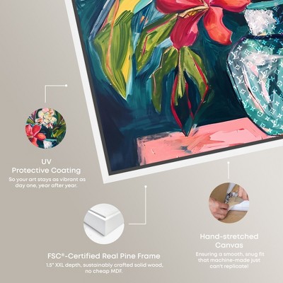 Vibrant Tropical Flowers in Vase Canvas Painting with White Frame