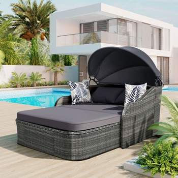 79.9" Outdoor Sunbed with Adjustable Canopy, Daybed With Pillows, Double lounge, PE Rattan Daybed, Gray Wicker-Maison Boucle