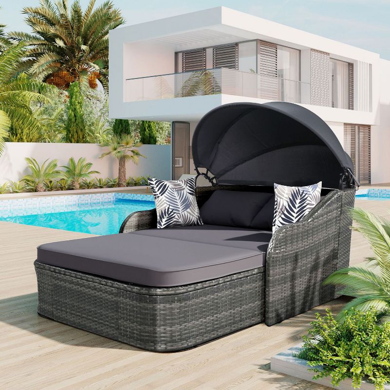 79.9" Outdoor Sunbed with Adjustable Canopy, Daybed With Pillows, Double lounge, PE Rattan Daybed, Gray Wicker-Maison Boucle, 1 of 9
