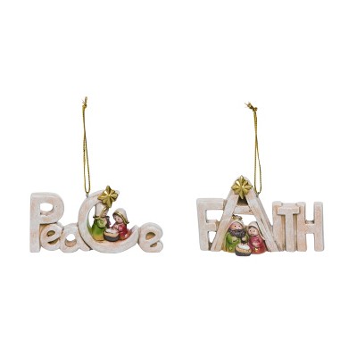Transpac Resin Nativity Peace/Faith Ornament Set of 2 Christmas Home Decorations