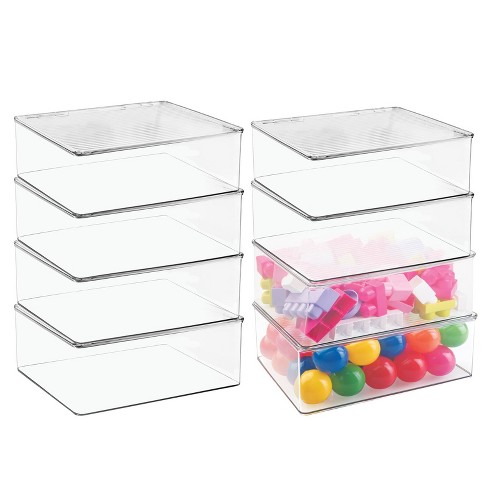 4ct mDesign Plastic Bath Stacking Storage Organizer Box, Hinged Lid, 4 Pack, Clear