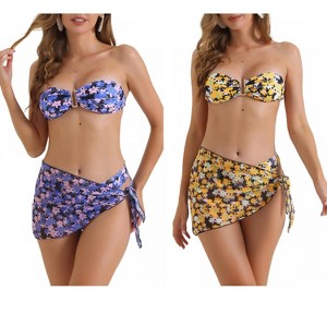 INSPIRE CHIC Women's Floral Print Bandeau Tie Back Swimwear Triangle Bottoms Bathing Bikini Suits 3 Pieces 2 Sets - 1 of 4