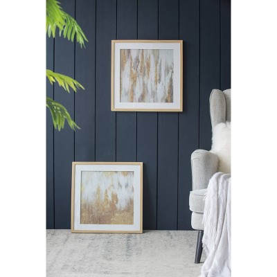 Set of 2 Gold and Beige Abstract Framed Glass Wall Art
