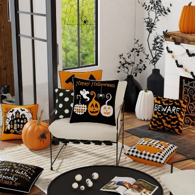 18" Square Orange and Black Halloween Haunted House Pillow