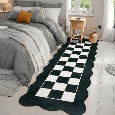 Scalloped Living Room Rug Washable Area Rug for Dining Room Bedroom Low Pile Neutral Area Rugs Modern Checkerboard Farmhouse Floor Cover