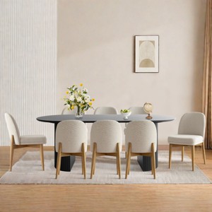 9-Piece Dining Table Set for 8, 79'' Oval Table with 8 Armless Linen Fabric Dining Chair, Parson Chair with Solid Wood Legs, Dining Room-Maison Boucle - 1 of 4