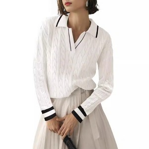 Clearlove Womens Sweaters Fall Long Sleeve Lapel V Neck Sweater Cable Knit Pullover Casual Soft Jumper Top - 1 of 2