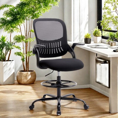 FURNIinspire Task And Office Chairs Tall Office Chair For Standing Desk With Adjustable Foot Ring, Movable Armrest, Black, 28"*28"*49"