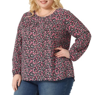 Agnes Orinda Women's Plus Size Ditsy Floral Elastic Cuff Crew Neck 