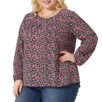 AusLook Plus Size Tops for Women 3/4 Sleeve Christmas Floral Wine