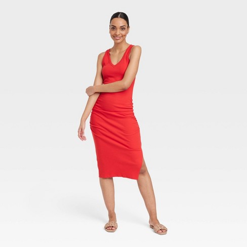 Rib-knit Dress - Red - Ladies