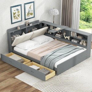 BABYYER Twin Size Corner Bed Frame with Upholstered Headboard, L-Shaped Solid Wood Platform Bed with 2 Drawers and Rotatable Storage Board - 1 of 4