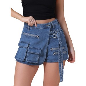 INSPIRE CHIC Women's Denim Zipper Decor Cargo Pockets Y2K High Waisted Faux Wrap Jean Skirts - 1 of 4