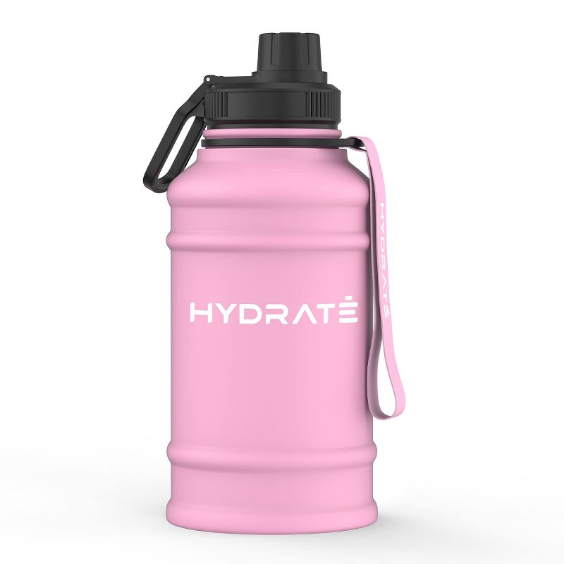 HYDRATE 1.3L Stainless Steel Water Bottle with Nylon Carrying Strap and Leak-Proof Screw Cap, Pink, 1 of 4