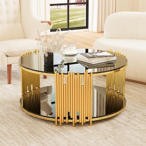 KTMBDW Glass Coffee Table, Large 2-Tier Accent Furniture for Living Room, Bedroom w/Metal Frame, Tempered Glass Shelves-Black & Gold - 1 of 4