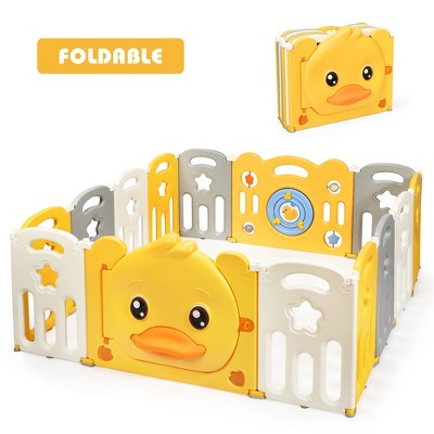 Costway 14-Panel Foldable Baby Playpen Kids Yellow Duck Yard Activity Center w/ Sound