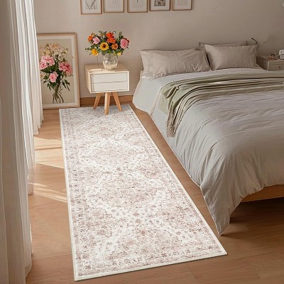 Vintage Floral Area Rug - Non-Slip Low Pile Soft Carpet, Retro Oriental Print Thin Floor Mat for Living Room & Bedroom