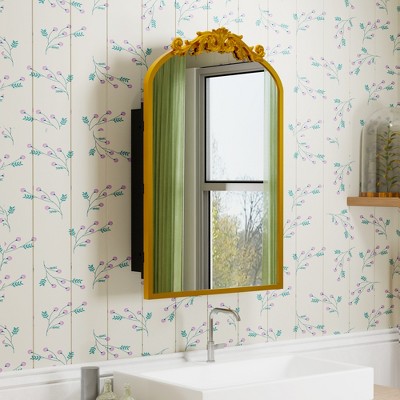 Wooakway 36"H*24"W Ornate Arch Metal Medicine Cabinet with Adjustable Shelves Recessed Wall Cabinet Wall Mounted Bathroom Storage Cabinet Mirror Gold