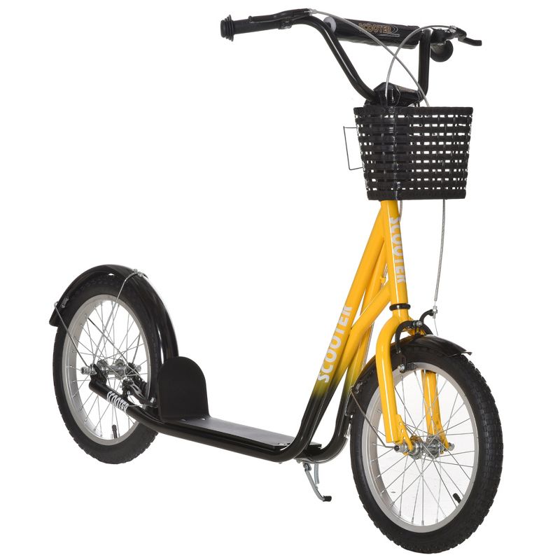 Aosom Youth Scooter, Kick Scooter with Adjustable Handlebars, Double Brakes, 16" Inflatable Rubber Tires, Basket, Cupholder, Mudguard Ages 5-12 years old, 1 of 8