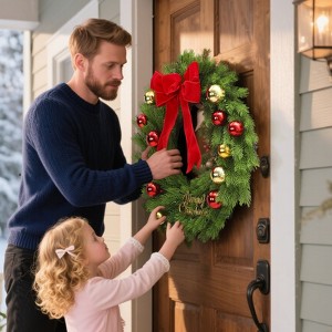 Fluff-to-Fluffish Christmas Wreath with Red Bow, Colorful Baubles, Lights & "Merry Christmas" Accent – Ready to Brighten Your Holiday Decor - 1 of 4