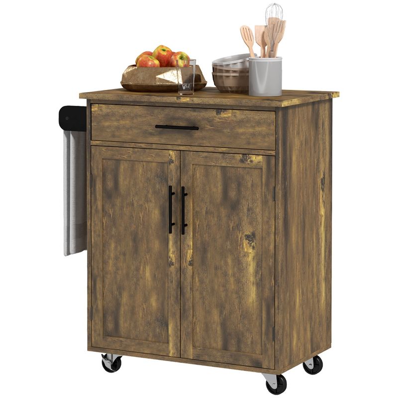 HOMCOM Kitchen Island Cart Rolling Trolley Cart with Drawer, Storage Cabinet & Towel Rack, 4 of 7