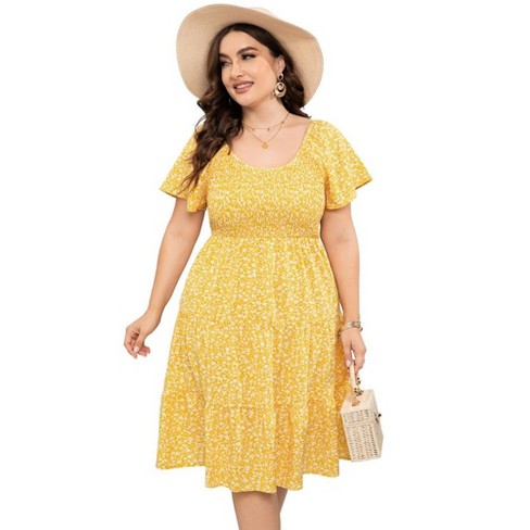 Women's Plus Size Rainbow Striped Ruffle Midi Dress - Colorblock Square Neck A-Line Summer Dress