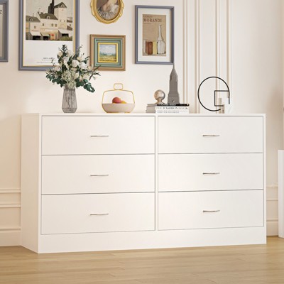 SKONYON Dresser with 6 Drawers Large Wooden Dresser Horizontal Storage Organizer for Bedroom