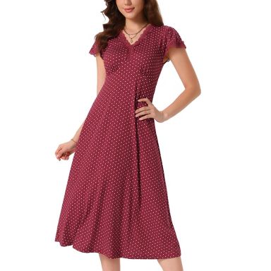 casual midi dresses for summer INSPIRE CHIC Women's Polka Dot Cap Sleeve V Neck Lace Trim Decor Large Burgundy Size:7.0M/8.5W temporary 40% Blue Smocked Gingham Midi White dress cool Fit