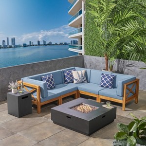 Christopher Knight Home Culatra Outdoor Acacia Wood 5 Seater Sectional Sofa Set with 50,000 BTU Iron Fire Pit - 1 of 4
