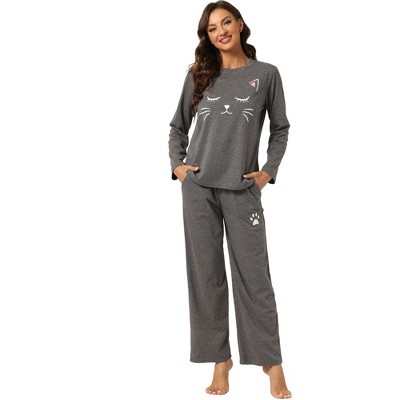 cheibear Women's Lounge Cute Cat Long Sleeve Tops with Pants Pajama Set