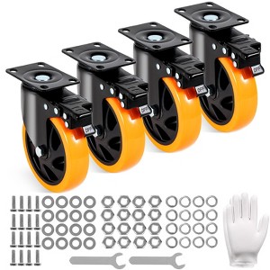 VEVOR Caster Wheels, 5-inch Swivel Plate Casters, Set of 4, with Security A/B Locking No Noise PVC Wheels, Heavy Duty 450 lbs Load Capacity,Orange - 1 of 4
