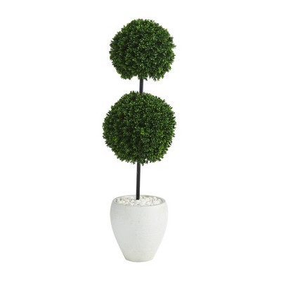 Nearly Natural 4' Indoor/Outdoor Boxwood Double Ball Artificial Topiary Tree in Planter White