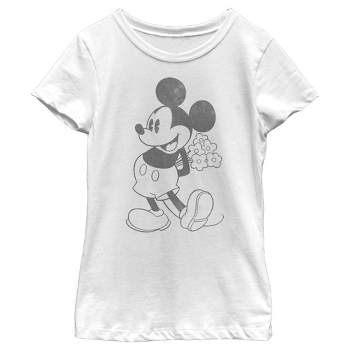 Girl's Disney Mickey Mouse Black and White Flowers T-Shirt