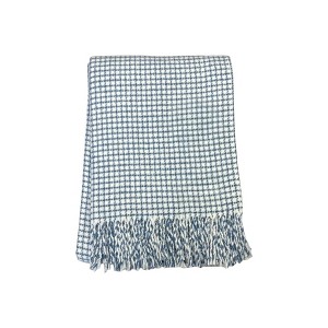 HomeRoots 50" X 67" Cream And Denim Blue Cotton Blend Woven Plaid Throw Blanket with Fringe - 1 of 4