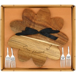 Pavilion Gift Company - 10" x 10" Cheese Serving Cutting Board - Love Blooms Here - Acacia Wood & Stainless Steel 4 pc Mini Fork Set - 1 of 4