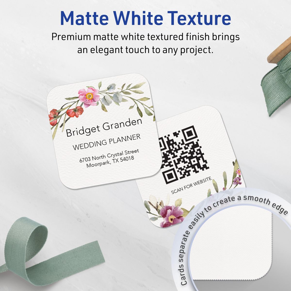 Avery Matte White Business Cards, 2-1/2" x 2-1/2" Square Rounded Corners - thumbnail 3