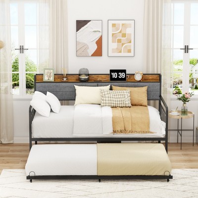 Black Twin Metal Daybed with Upholstered Headboard and Trundle