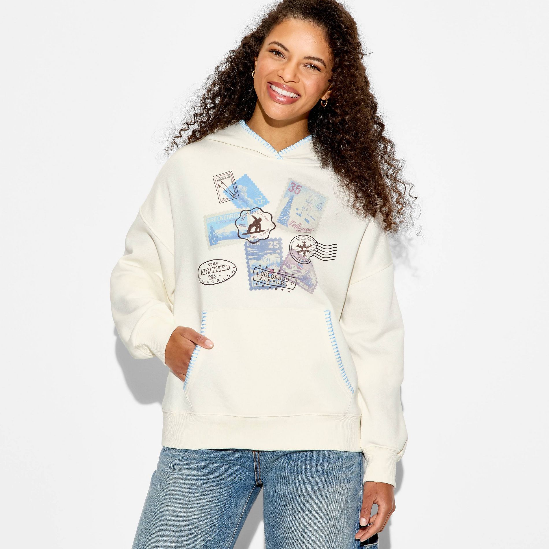 Women's Postcard Whipstitch Graphic Hooded Pullover Sweatshirt - Off-White