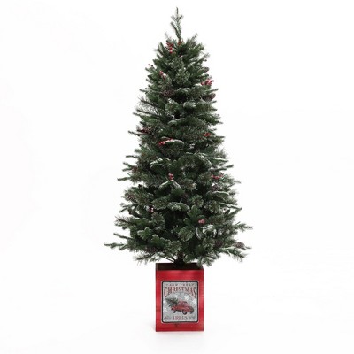 LuxenHome 5Ft Pre-Lit Potted Artificial Christmas Tree with Holly Berries Green