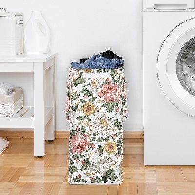 Blush Pink Floral Canvas Collapsible Laundry Hamper with Lid