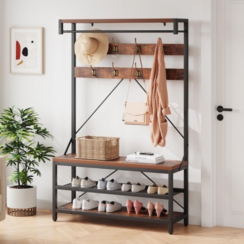 Coat Rack Shoe Bench Industrial Hall Tree Storage Bench For Entryway ...